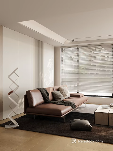 Luxury Modern Living Room With Brown Leather Sofa Blinds And Geometric Decorative Shelf 3d model 