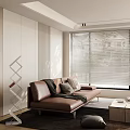 Luxury Modern Living Room With Brown Leather Sofa Blinds And Geometric Decorative Shelf