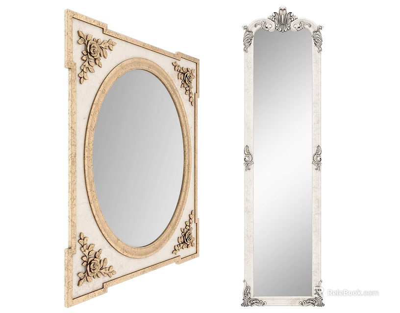 Oval and Rectangular Decorative Mirrors with Ornate Golden White Carved Frames 3d model 