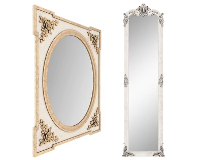 Oval and Rectangular Decorative Mirrors with Ornate Golden White Carved Frames 3d model