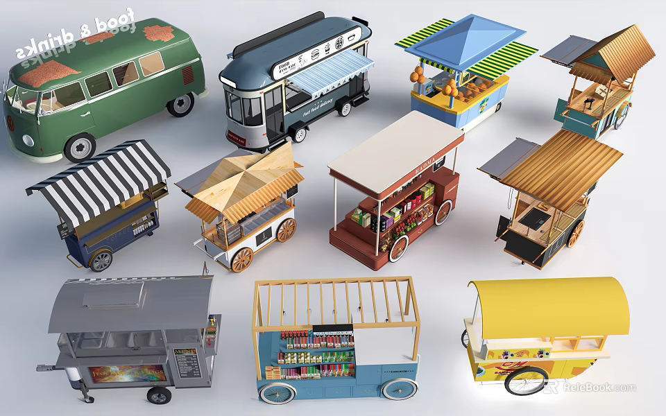 Various Colorful Functional Carts With Awnings Open Design And Display Shelves 3d model 