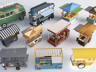 Various Colorful Functional Carts With Awnings Open Design And Display Shelves 3d model