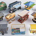 Various Colorful Functional Carts With Awnings Open Design And Display Shelves