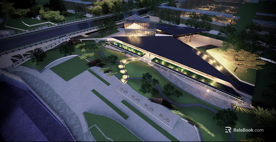 Modern Sales Office Building Design With Green Landscaping And Exterior Lighting Effects 3d model 