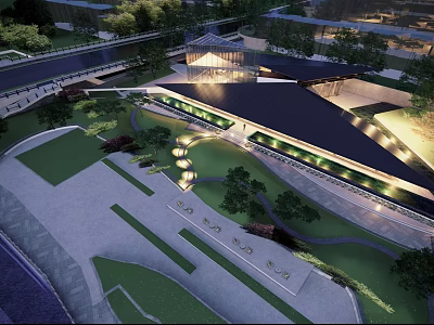 Modern Sales Office Building Design With Green Landscaping And Exterior Lighting Effects 3d model