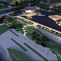 Modern Sales Office Building Design With Green Landscaping And Exterior Lighting Effects