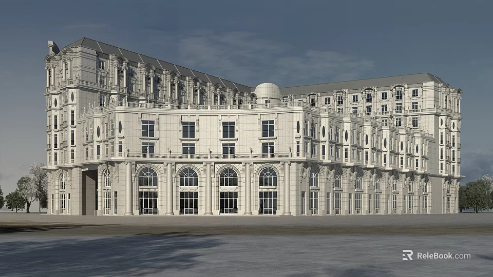 Classical Office Building With White Exterior Arched Windows And Symmetrical Dome Design 3d model 