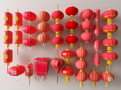 Traditional Red Chinese Lanterns With Various Shapes Sizes And Festive Characters 3d model