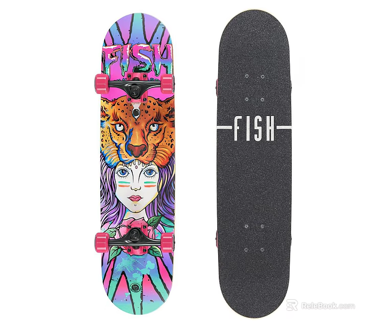 FISH Skateboard in Colorful and Black with Animal Print and Face Graphics 3d model 