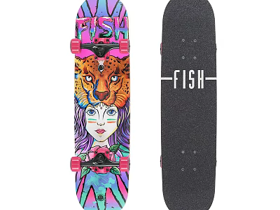 FISH Skateboard in Colorful and Black with Animal Print and Face Graphics 3d model