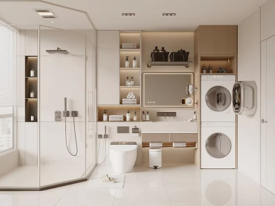 Modern Bathroom Interior With Glass Shower Toilet Mirror Shelves With Toiletries And Stacked Washing Machine 3d model
