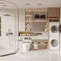 Modern Bathroom Interior With Glass Shower Toilet Mirror Shelves With Toiletries And Stacked Washing Machine