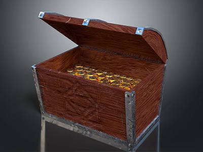 Open Decorative Wooden Storage Chest With Metal Edges Filled With Gold Coins 3d model
