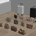 Various Styles of Bags and Stylish Suitcases in Neutral Tones Displayed on Wooden Floor