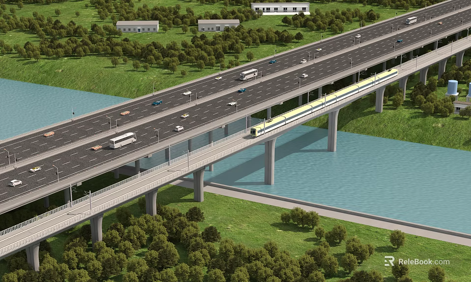 Multi lane Bridge With Highway Traffic And Train Over River Surrounded By Trees And Buildings 3d model 
