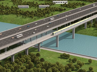Multi lane Bridge With Highway Traffic And Train Over River Surrounded By Trees And Buildings 3d model