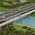 Multi lane Bridge With Highway Traffic And Train Over River Surrounded By Trees And Buildings