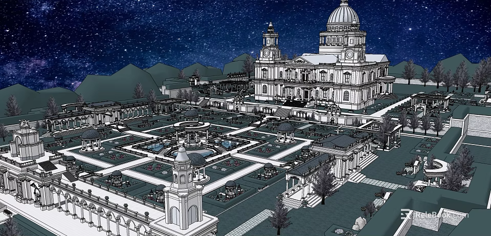 Ancient Architecture Featuring Dome Ornate Garden Fountains And Starry Sky 3d model 