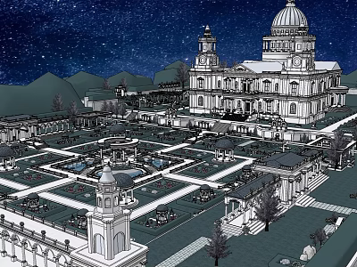 Ancient Architecture Featuring Dome Ornate Garden Fountains And Starry Sky 3d model