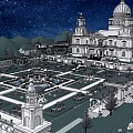 Ancient Architecture Featuring Dome Ornate Garden Fountains And Starry Sky