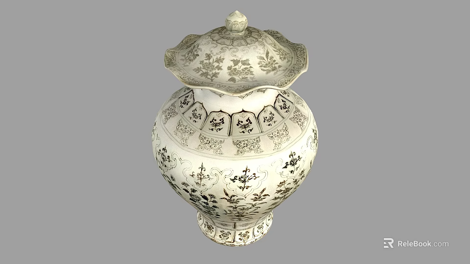 Elegant Ceramic Vessel With Lidded Top And Intricate Floral Ornamental Patterns 3d model 