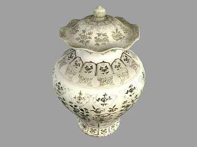 Elegant Ceramic Vessel With Lidded Top And Intricate Floral Ornamental Patterns 3d model