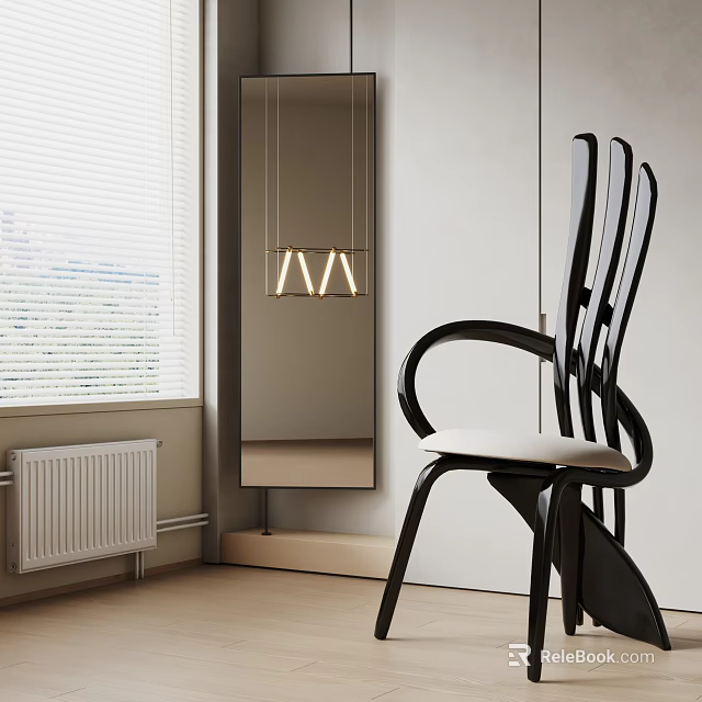 Modern Curved Accent Chair With Black Frame White Cushion And Window Blinds Pendant Light 3d model 