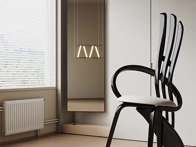 Modern Curved Accent Chair With Black Frame White Cushion And Window Blinds Pendant Light 3d model
