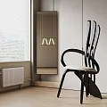 Modern Curved Accent Chair With Black Frame White Cushion And Window Blinds Pendant Light