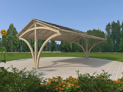 Wooden Pergola With Gabled Roof In Garden With Grass Trees And Flowers 3d model