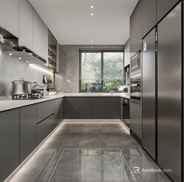 Modern Gray Kitchen Interior With Cabinets Island Countertop And Stainless Steel Fridge 3d model 