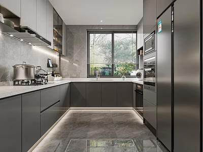 Modern Gray Kitchen Interior With Cabinets Island Countertop And Stainless Steel Fridge 3d model