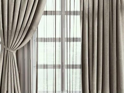 Beige Linen Curtains With Elegant Drapery For Home Window Decoration 3d model