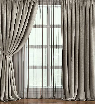 Beige Linen Curtains With Elegant Drapery For Home Window Decoration 3d model