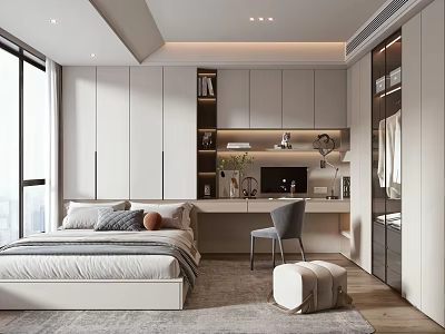 Minimalist Modern Tatami Bedroom Interior With Built In Desk Storage Cabinets And Natural Light 3d model