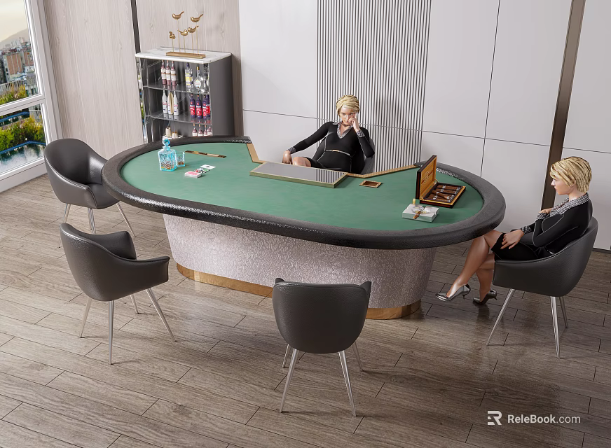 Round Green Surface Entertainment Table With Gray Chairs Laptop And Playing Cards In Modern Interior 3d model 
