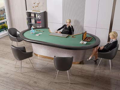 Round Green Surface Entertainment Table With Gray Chairs Laptop And Playing Cards In Modern Interior 3d model