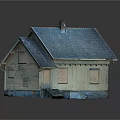 Small Weathered Wooden House With Blue Tile Roof Chimney Windows And Front Steps