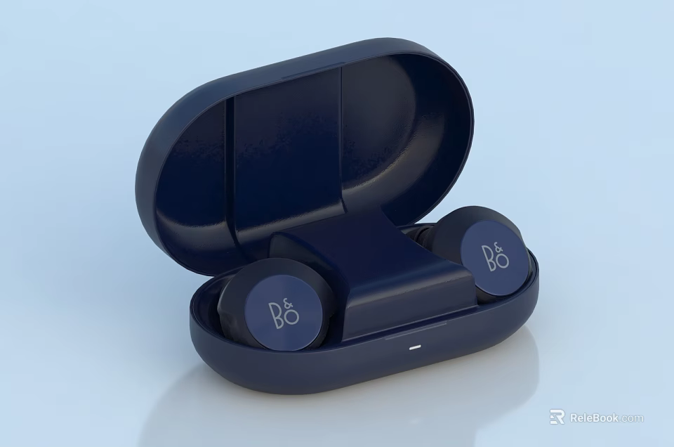 B O Wireless Earbuds with Open Dark Blue Charging Case Premium Sound Modern Design 3d model 