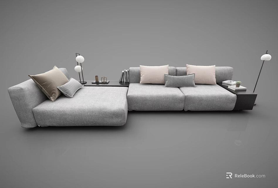 Modern Gray Fabric L Shaped Sectional Sofa With Decorative Pillows And Table Lamp 3d model
