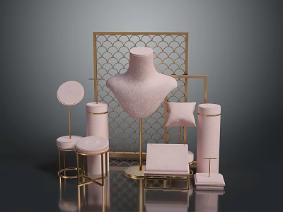 Elegant Luxury Furniture Display With Pink Stools Gold Frame And Mirrors 3d model