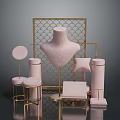 Elegant Luxury Furniture Display With Pink Stools Gold Frame And Mirrors