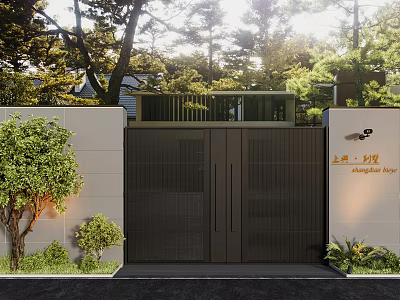 Modern Black Entrance Gate With Green Plants Trees And Gray Wall And Wooden Grille Design 3d model