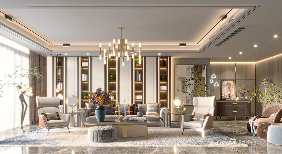 Elegant Modern Living Room Interior With Chandelier Sofa Set And Bookshelves 3d model 