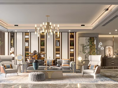Elegant Modern Living Room Interior With Chandelier Sofa Set And Bookshelves 3d model