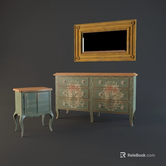 Vintage Green Entryway Cabinet And Side Cabinet With Floral Drawers And Golden Frame Mirror Above 3d model 