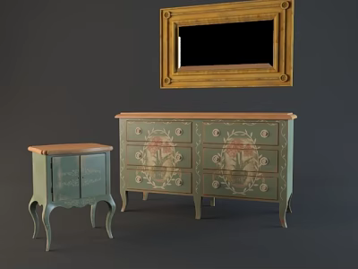 Vintage Green Entryway Cabinet And Side Cabinet With Floral Drawers And Golden Frame Mirror Above 3d model