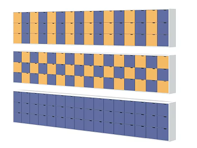 Blue and Yellow Storage Lockers with Vertical Stripes Checkerboard Pattern and Uniform Rows 3d model