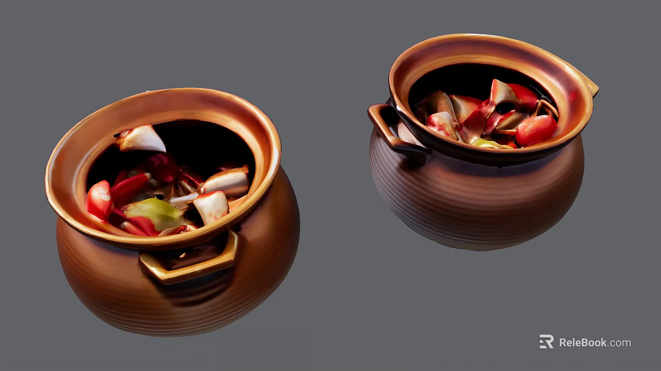 Textured Brown Ceramic Pots with Double Handles and Fresh Ingredients for Home Use 3d model 