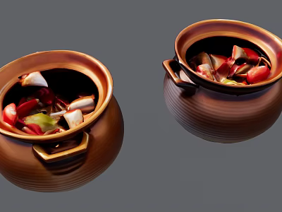 Textured Brown Ceramic Pots with Double Handles and Fresh Ingredients for Home Use 3d model